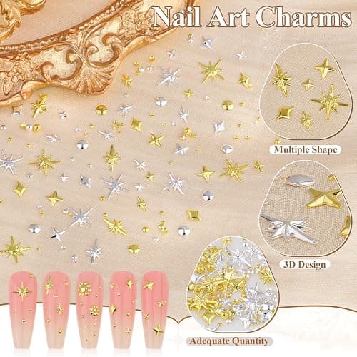 660Pcs 3D Star Nail Charms, Gold & Silver Multi-Shapes Metallic Nail Art Gems,Bedazzling Small Nail Beads Craft Jewels Y2K Cross Nail Rhinestones Accessories Decor with Tweezers and Pick-up Pencil thumbnail 3