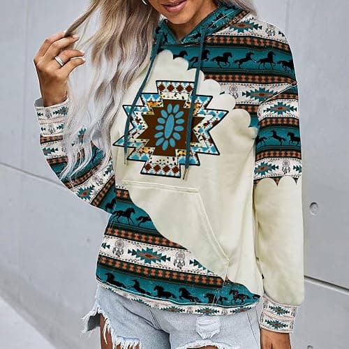 Lanaoree Women's Geometric Horse Print Aztec Hoodie Pullover Cowgirl Western Hooded Sweatshirt S-2XL thumbnail 2