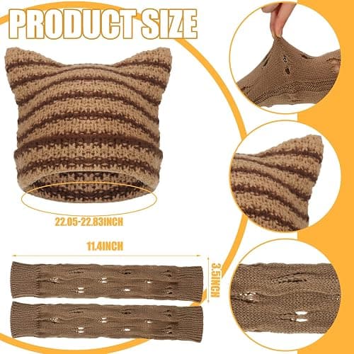 Sureio 25 Pcs Y2k Grunge Knitted Cat Beanie with Fairy Grunge Ripped Gloves Earrings Necklace Rings Monster Horn Accessories(Brown) thumbnail 2