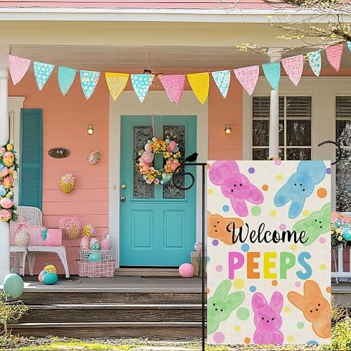 ZAEW Welcome Easter Colorful Dots Cute Bunny Watercolor Rabbits Spring Garden Flag Yard Flag 12x18 Inch Double Sided Small Mini Yard Outdoor Outside Holiday Decoration thumbnail 2