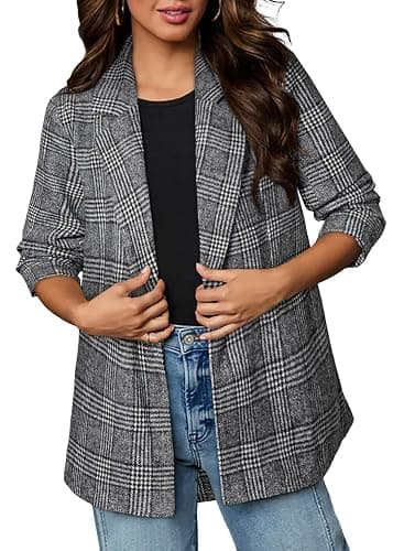 Happy Sailed Women’s Plaid Blazer Classic Lapel Collar Double Breasted Open Front Blazers Jackets Work Suit with Pockets thumbnail 2
