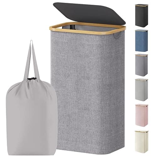 Lifewit 100L Laundry Basket with Lid, Clothes Hampers for Laundry with Bamboo Handles and 1 Removable Bag, Large Foldable Laundry Hamper for Bedroom, Bathroom, Dorm, Laundry Room, Light Gray - Image 1