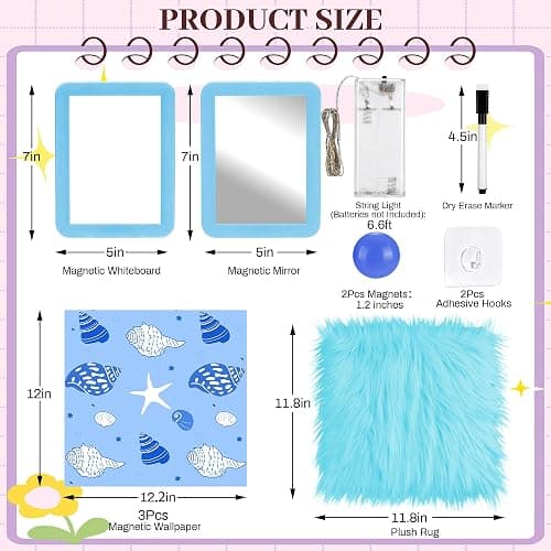 Elfcool 13 Pcs Locker Accessories Kit, Locker Decorations for Girls Boys Magnetic Pen Holder, Mirror, Whiteboard, Wallpaper, Magnets, Plush Rug, String Light, Back to School Essentials (Blue) thumbnail 4