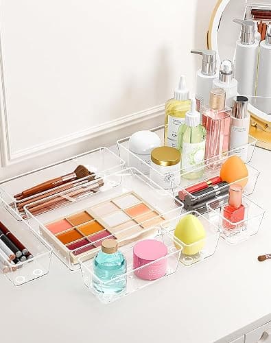 VEXTHYX 15Pcs Clear Plastic Drawer Organizers Set, 4size makeup drawer organizer trays for vanity/desk/bathroom/office/nightstand/gadgets for kitchen/desk drawer, Versatile drawer divider storage bins thumbnail 2