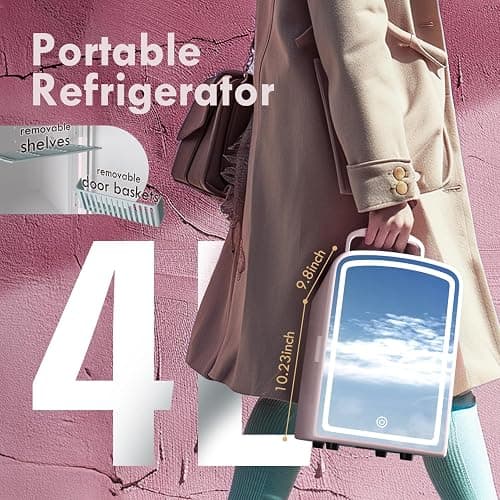 COYCYQI 4L Mini Skincare Fridge with Dimmable LED Mirror, Portable Beauty Refrigerator for Makeup, Cosmetic, Personal Small Refrigerator with Cooler and Warmer for Bedroom, Office and Car(Pink) thumbnail 2