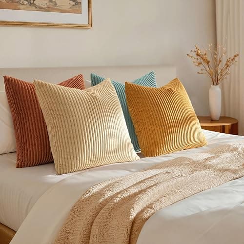 EMEMA Teal Orange Decorative Throw Pillow Covers for Couch Bed Livingroom 18x18 Inch Set of 4 Boho Farmhouse Corduroy Striped Square Pillow Case,Western Modern Cushion Covers Spring Home Decor thumbnail 6