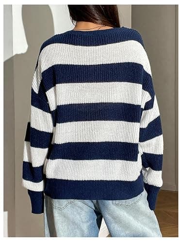 Floerns Women's Striped Boat Neck Loose Sweater Long Sleeve Drop Shoulder Pullover Top thumbnail 2