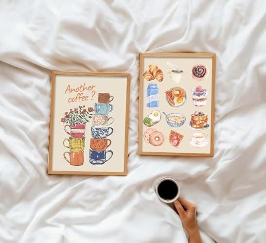 Modern Coffee Kitchen Canvas Wall Art Colorful Breakfast Food Croissant Painting Picture Wall Decor Trendy Coffee Cups with Flower Poster Print Artwork for Dining Room Bedroom Dorm Decorate, Unframed thumbnail 4