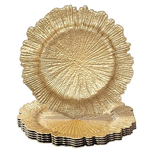 MAONAME Round 13" Gold Charger Plates, Set of 6, Reef Plate Chargers for Dinner Plates, Plastic Table Chargers for Wedding, Thanksgiving, Christmas - Image 1
