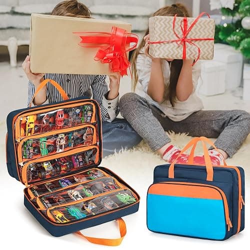 CURMIO Monster Trucks Carrying Case Compatible with Monster Jam, Monster Truck Bag Holding 34 1:64 Scale Toy Cars, Navy-Orange thumbnail 2