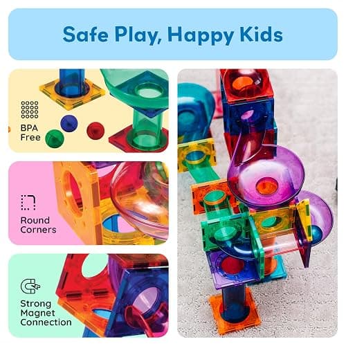 PicassoTiles 100 Piece Marble Run Magnetic Tiles Race Track STEM Ages 3+ | BPA-free ABS plastic, reinforced edges, curved slopes and U-turns, steel balls included, open-ended maze layouts, shared play thumbnail 4