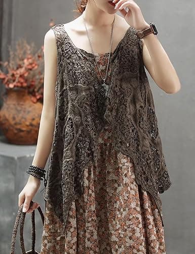 Flygo Women's Open Front Cotton Crochet Lace Boho Hippie Butterfly Vest Cardigan Coverup Sleeveless Irregular Hem thumbnail 2