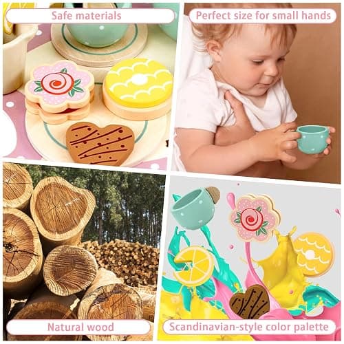 Wooden Tea Set for Little Girls Play Food Pretend Play Kitchen Accessories for 3 4 5 Years Old Girls and Boys Toddler Princess Tea Time Party Food Toys thumbnail 6
