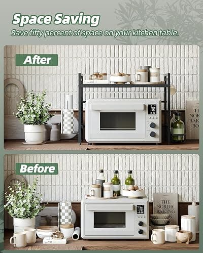 NETEL 2 Tier Expandable Microwave Stand countertop,Microwave Oven Rack | microwave shelf, storage shelf for pans &appliances,with Paper Towel Holder and Baskets，8 Hooks,55lbs max load,Black thumbnail 8