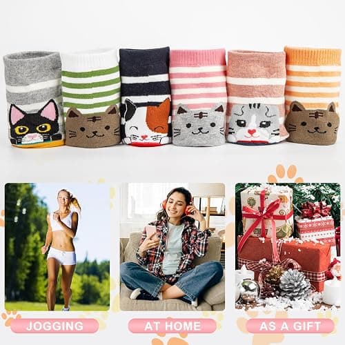 5-6 Pairs Women's Cute Cat Socks Gifts, Funny Novelty Animal Print Crew Cotton Socks Christmas Gifts for Women Girls thumbnail 6