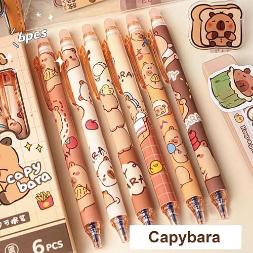 MOZXIRZ 6 Pcs Cute Erasable Retractable Pens Erasable Gel Ink Pens Cartoon Capybara Pen 0.5mm Fine Point Blue Ink Pen Cartoon Writing Pen Office School Pens Women Girls Boys (Blue Ink-Capybara) thumbnail 2