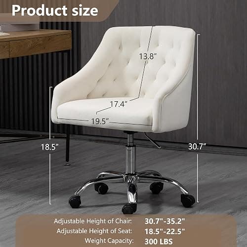 LOVSPATIO Home Office Chair, Velvet Swivel Adjustable Accent Vanity Chair with Arms Nailhead Trim for Bedroom, for to Living Room, Studying, Office (Ivory White) thumbnail 3