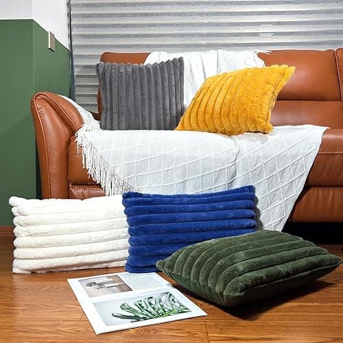 12x20 Throw Pillow Covers Set of 2, Decorative Faux Fur Covers for Bed, Couch Soft Fluffy Pillow Cover with Velvet Back for Living Room, Neutral Home Décor Accent for Sofa - Green - Green - 20" x 12" (Pack of 2) thumbnail 6