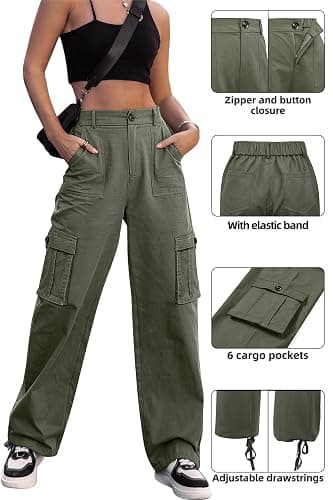 ZMPSIISA Women High Waisted Cargo Pants Wide Leg Casual Pants 6 Pockets Combat Military Trousers - X-Large - Green thumbnail 5