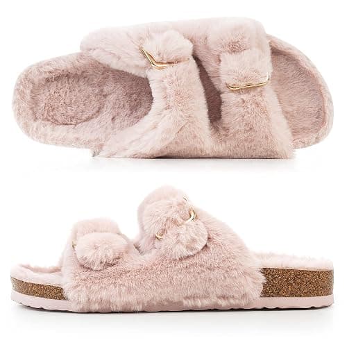 FITORY Womens Open Toe Slipper with Cozy Lining,Faux Rabbit Fur Cork Slide Sandals Size 6-11 thumbnail 6