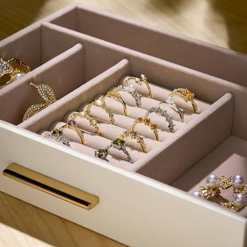 pickpiff Jewelry Box Organizer Case for Women: 3-Layer Jewelry Storage Case with Glass Window, Ivory Leather with Pink Velvet, Holder for Ring Necklace Bracelet Brooch Watch, Great Gift for Her thumbnail 5