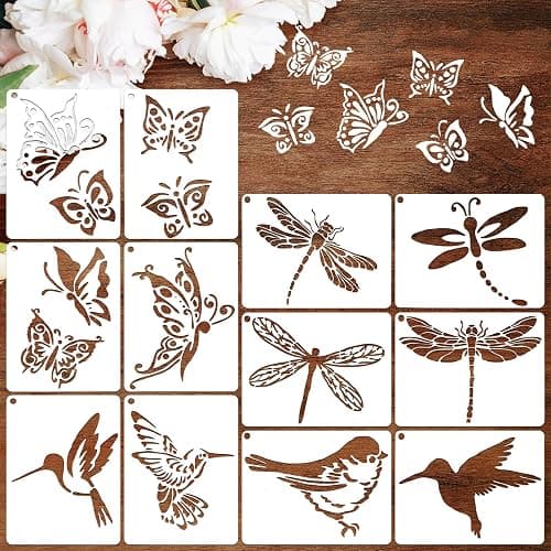 JSRQT 12Pcs Spring Stencils for Painting on Wood Craft Canvas Walls,Hummingbird Butterfly Dragonfly Drawing Template, Reusable DIY Home Decor Craft Stencil,5.6 x 4.1” - Image 1