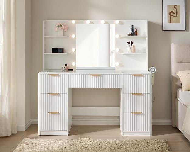 AMERLIFE 47.2" Fluted Vanity Desk with Mirror and Adjustable LED Lights, Large 7 Drawers Makeup Table with Glass Top and Charging Station for Women and Girls, Bedroom or Dorm, White thumbnail 3