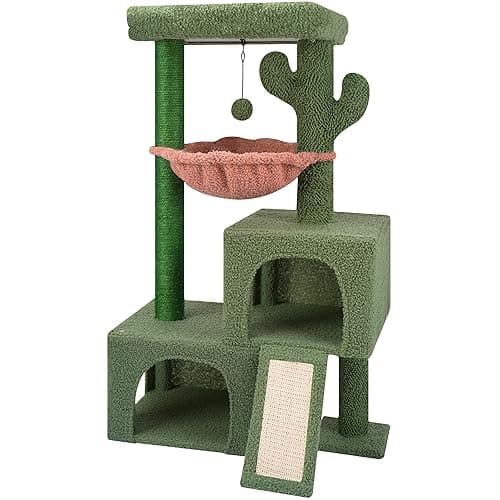 AIWIKIDE 37.4" Cactus Cat Tree Tower with Twin Cat Condos for Indoor Cats, All-in-One Activity Center with Cat Scratching Post Cozy Sleeping Perch Hammock and Toy Balls,Green … - Image 1