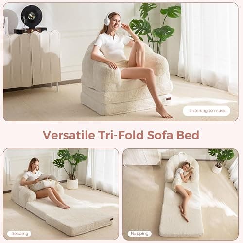 MAXYOYO Folding Sofa Bed, 2 in 1 Convertible Sofa to Lounger Comfy Single Bean Bag Chair for Adults, Floor Sleeper Couch with Handle, Faux Fur Couch Bed for Living Room Bedroom, Beige thumbnail 5