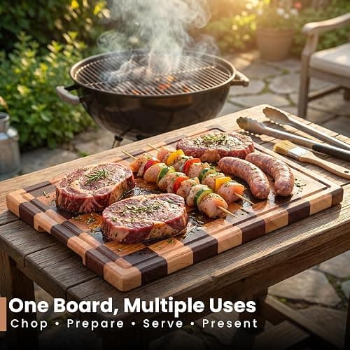 Large Wood Cutting Board-"16.5x11.6”100% Organic Acacia Wood Cutting Board, Checkered Wooden Cutting Board for Kitchen, End Grain Butcher Block with Deep Juice Groove, Built-In Handle & Non-Slip Pads thumbnail 7