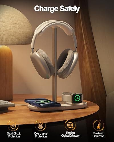 Universal Headphone Stand, Magnetic Wireless Charger for iPhones/AirPods/iWatch, Aluminum Alloy Rod, Leather Pad, ABS Solid Base, White thumbnail 4