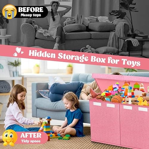 Extra Large Toy Box with Lids, Collapsible Storage Bin, 38"x16"x14", Pink thumbnail 6