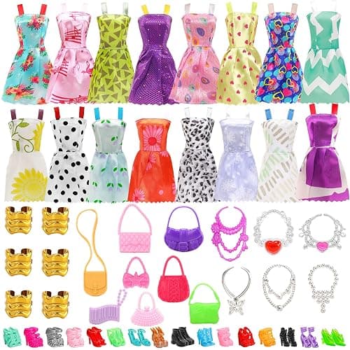 BARWA 53 pcs Doll Clothes and Accessories 10 pcs Party Dresses with 42 pcs Shoes, Crown, Necklace, Hangers, Bags, Accessories for 11.5 inch Doll thumbnail 5