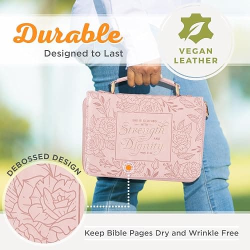 Christian Art Gifts Premium Vegan Leather Fashion Floral Bible Cover for Women: Strength & Dignity - Prov. 31:25 Inspirational Scripture Verse Carry Case w/Pockets & Pen Storage, Pink & Gold, Large thumbnail 3