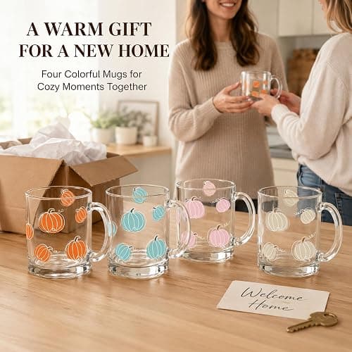 RimCereal 4 Pcs Fall Glass Coffee Mugs, 12oz Pumpkin Mug with Handle | Cute Pumpkin Coffee Cups Thanksgiving Autumn Harvest Fall Glass Cup for Drinking Beverage Tea Milk thumbnail 2