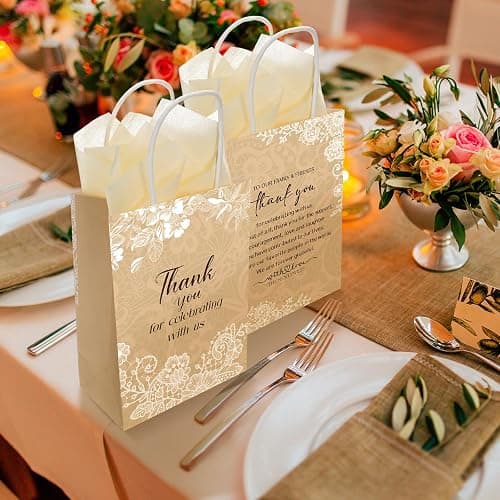 Fuutreo 100 Set Wedding Gift Bags with Tissue Paper Wedding Welcome Favor Paper Bags for Guests with Handles Thank You Bridal Shower Hotel 21 * 8 * 15cm(Vintage Lace) thumbnail 7