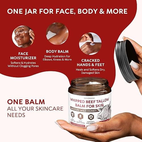RICHGRAND Beef Tallow for Skin - Whipped Tallow and Honey Balm - Grass Fed Beef Tallow for Face, Daily Moisturizer & Body Butter - Natural Non Comedogenic Skincare (4.3 oz) thumbnail 5