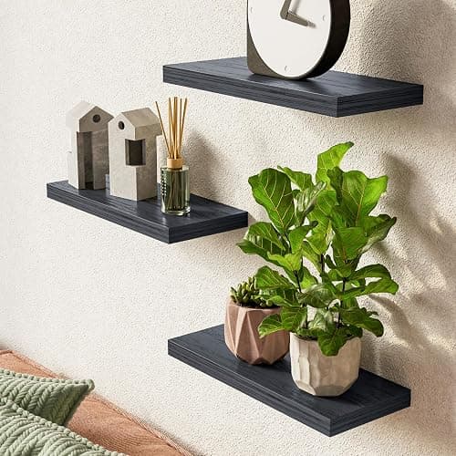 BAYKA Floating Shelves for Wall, Wall Mounted Rustic Wood Shelves for Bathroom, Bedroom, Living Room, Kitchen, Hanging Shelf for Books/Storage/Room Decor with 22lbs Capacity (Black, Set of 3, 15.7in) - Black - 15.7inches thumbnail 2