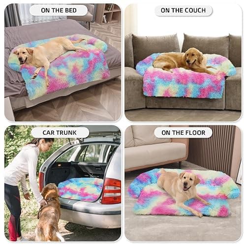 GGIB Calming Dog Bed Fluffy Plush Dog Mat for Furniture Protector with Removable Washable Cover for Large Medium Small Dogs and Cats (Extra Large (53x39.3x6), Rainbow) thumbnail 6