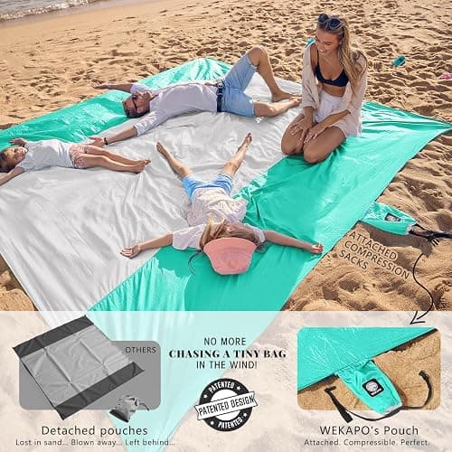 WEKAPO Beach Blanket Sandproof Waterproof, Extra Large Beach Mat, Oversized & Compact Sand Free Mat Quick Drying, Lightweight & Durable with Stakes & Corner Pockets thumbnail 3