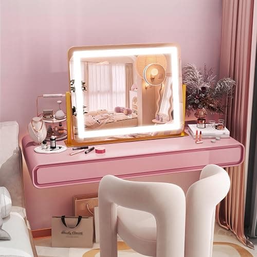 HNV Gold Vanity Makeup Mirror with Lights, 22"x17" Large Lighted Vanity Mirror, Dimmable LED with 3 Color Touch Lighting, Tabletop Mirror for Desk or Bedroom, 360° Rotation thumbnail 4