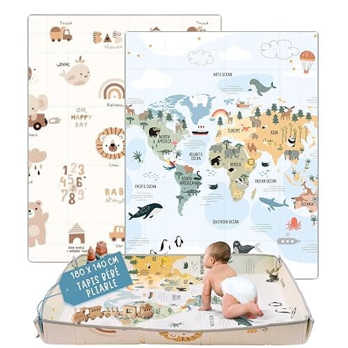 HuBorns - Tapis Bebe Pliable 180x140 cm, Tapis d'Eveil Bebe Reversible avec Bord Renforcé pour Plus Sécurité, Tapis de Jeux Bebe Epais avec Protection Anti-Chute, Tapis Exterieur Lavable (Carte M) - Image 1