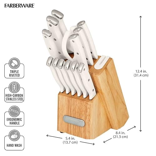 Farberware Edgekeeper Triple Riveted Knife Block Set with Built in Sharpener, 14-Piece, White - White - Natural Wood Block thumbnail 5