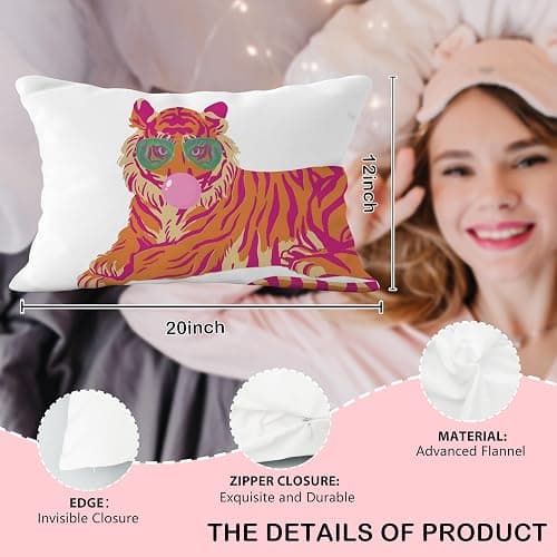 YeiHe Pink and Orange Tiger Pillow Cover 12x20, Coquette Trendy Preppy White Tiger Throw Pillow Covers, Coquette Room Decor, Preppy School Supplies thumbnail 6