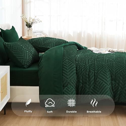 Andency Queen Comforter Set 7 Piece Dark Emerald Green - Bed in a Bag Queen Boho Lightweight Fluffy Tufted Bedding Sets with Comforter, Sheets, Pillowcases & Shams thumbnail 7