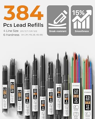 STAGEEK Mechanical Pencil Set with Case 34 Count, Drawing Pencils 0.5, 0.7, 0.9MM & 3PCS 2MM Sketching Pencils with 384PCS Lead Refills (6B 4B 2B HB 2H 4H Color) for Artist Drafting Drawing Writing thumbnail 3