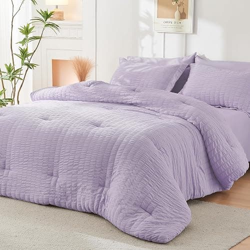 HYMOKEGE Lavender Full Size Comforter Sets Seersucker 7 Pieces, All Season Luxury Bed in a Bag for Bedroom, Bedding Set with Comforters, Sheets, Pillowcases & Shams thumbnail 8