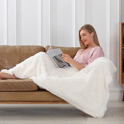 Tuddrom Decorative Extra Soft Fuzzy Faux Fur Throw Blanket 50" x 60",Solid Reversible Long Hair Shaggy Blanket,Fluffy Cozy Plush Comfy Microfiber Fleece Blankets for Couch Sofa Bedroom,Cream White thumbnail 3