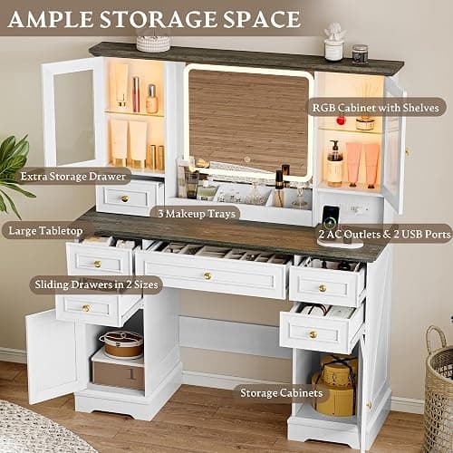 Xixini 43.3" Farmhouse Vanity Desk with LED Mirror, RGB Cabinets, White | Makeup Vanity Table with 6 Drawers, Storage Cabinets & Open Shelves, Power Outlet, 3 Light Modes & Dimmable for Women & Girls thumbnail 6