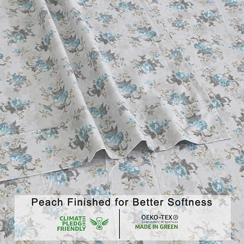 RUVANTI 100% Organic Cotton Sheets California King, Percale Weave, GOTS Certified, 4-Piece Set, Deep Pocket 13", Crisp & Breathable, Soft Durable Bedding, Sábanas Algodón Orgánico – Blue Rose thumbnail 6